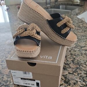Dolce Vita Black Leather Wedge Sandals with Natural Braided Detail